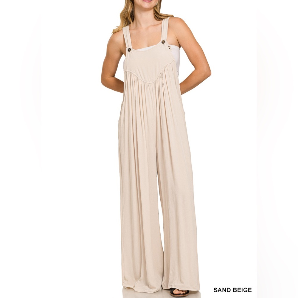 Woven Rayon Crepe Overall Jumpsuit in Sand Beige